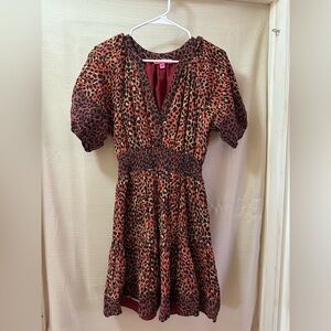 Betsey Johnson Leopard Print Smocked Waist Dress Women’s M Cotton Orange